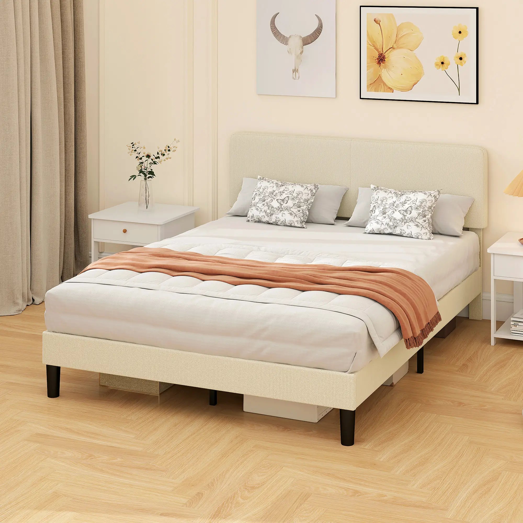 Queen Size Bed Frame, Adjustable Upholstered Headboard, Wood Slat Support, Light Grey Bed Frames at Gallery Canada