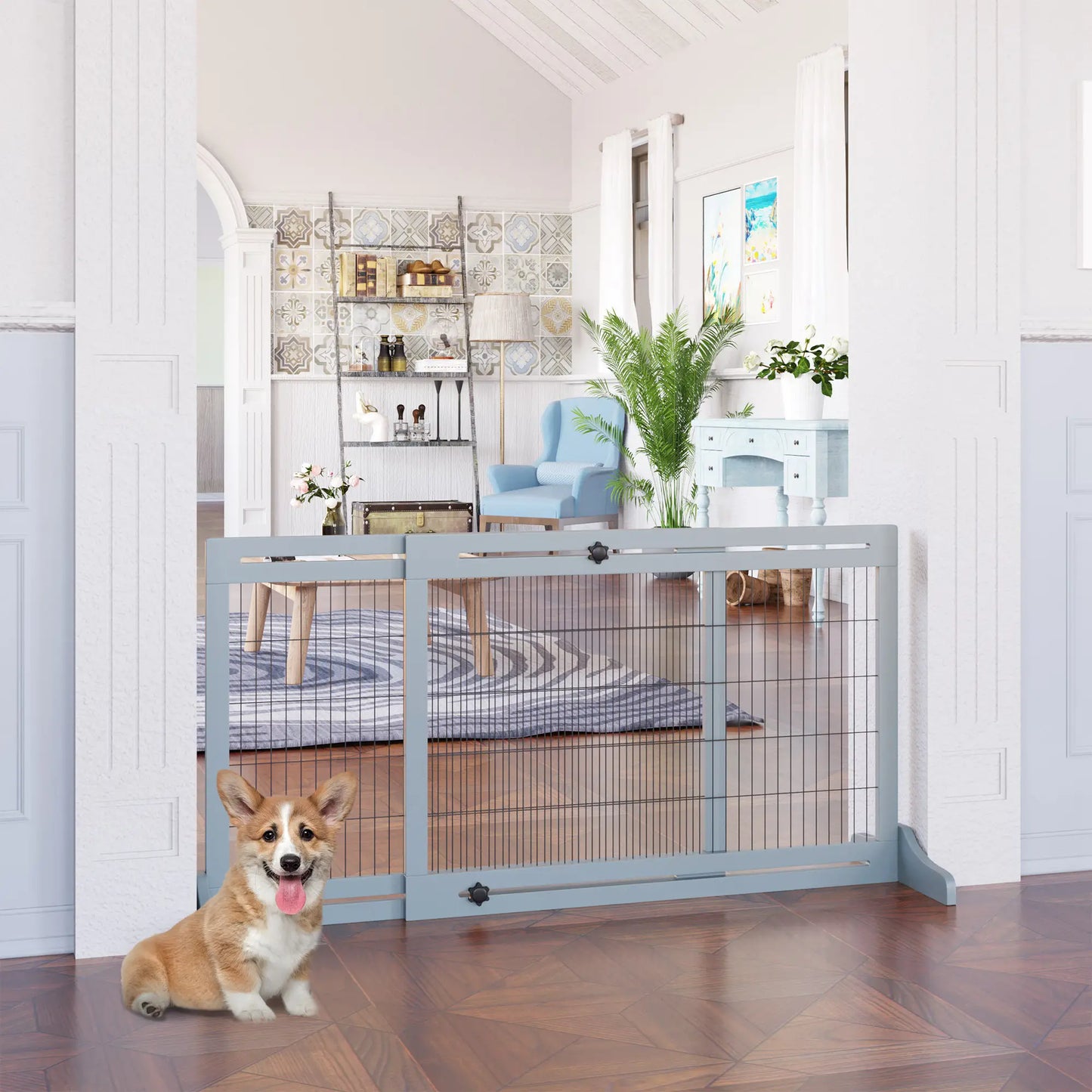 41"-72" Wooden Pet Gate, Support Feet, Small Medium Dogs, Grey-Blue Houses, Kennels & Pens at Gallery Canada