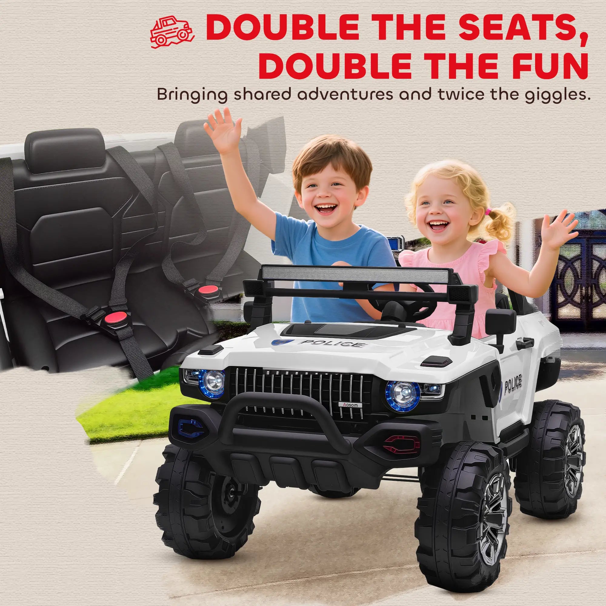 Kids Ride On Car 12V RC 2 Seater Police Truck, White Electric Toy Cars at Gallery Canada