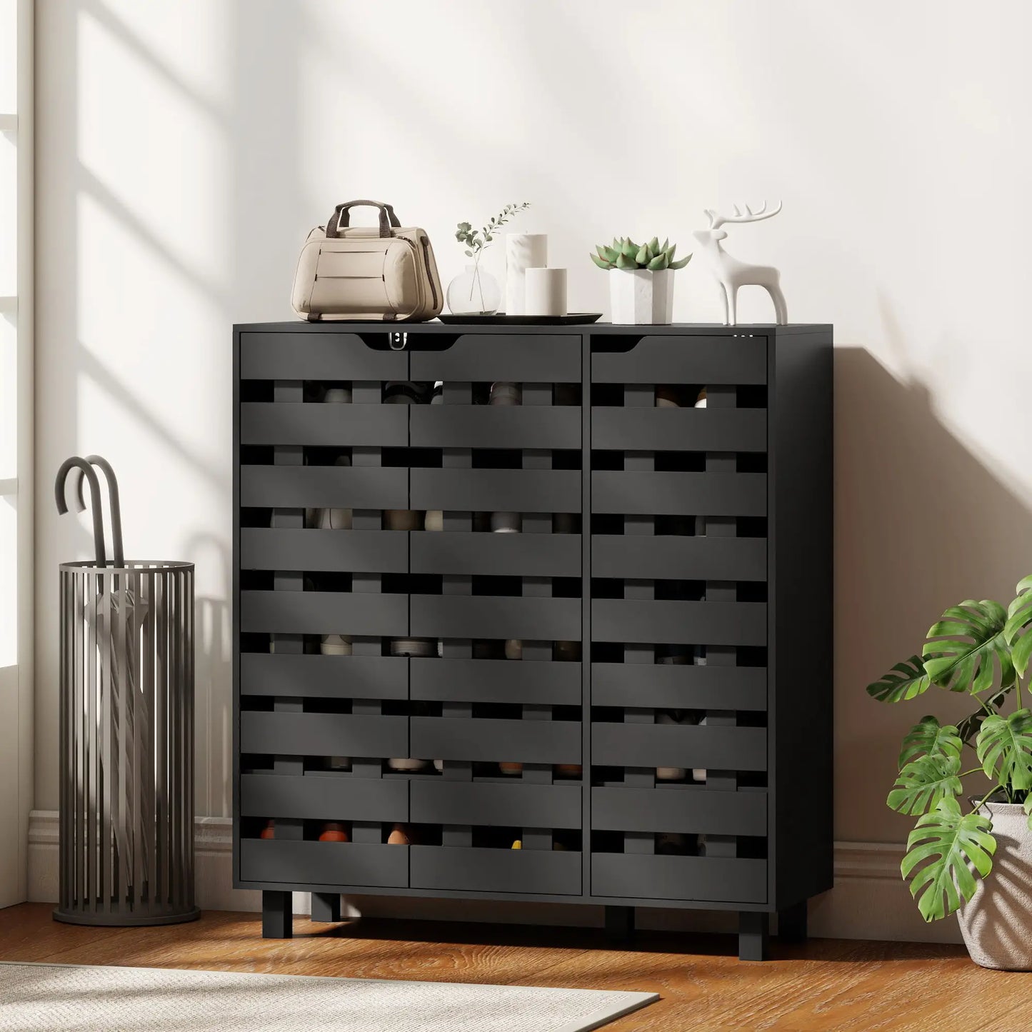 Shoe Cabinet, 20 Pair Storage with Hollowed-Out Doors, Black Shoe Storage Cabinets & Racks at Gallery Canada