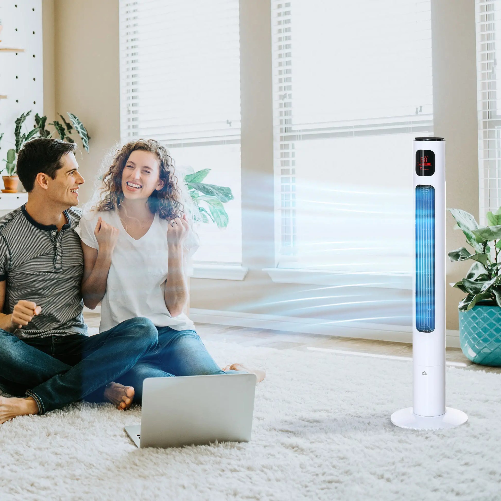 Freestanding Tower Fan, Oscillating, 3 Speed, 12h Timer, LED Panel, Remote, White Tower Fans at Gallery Canada