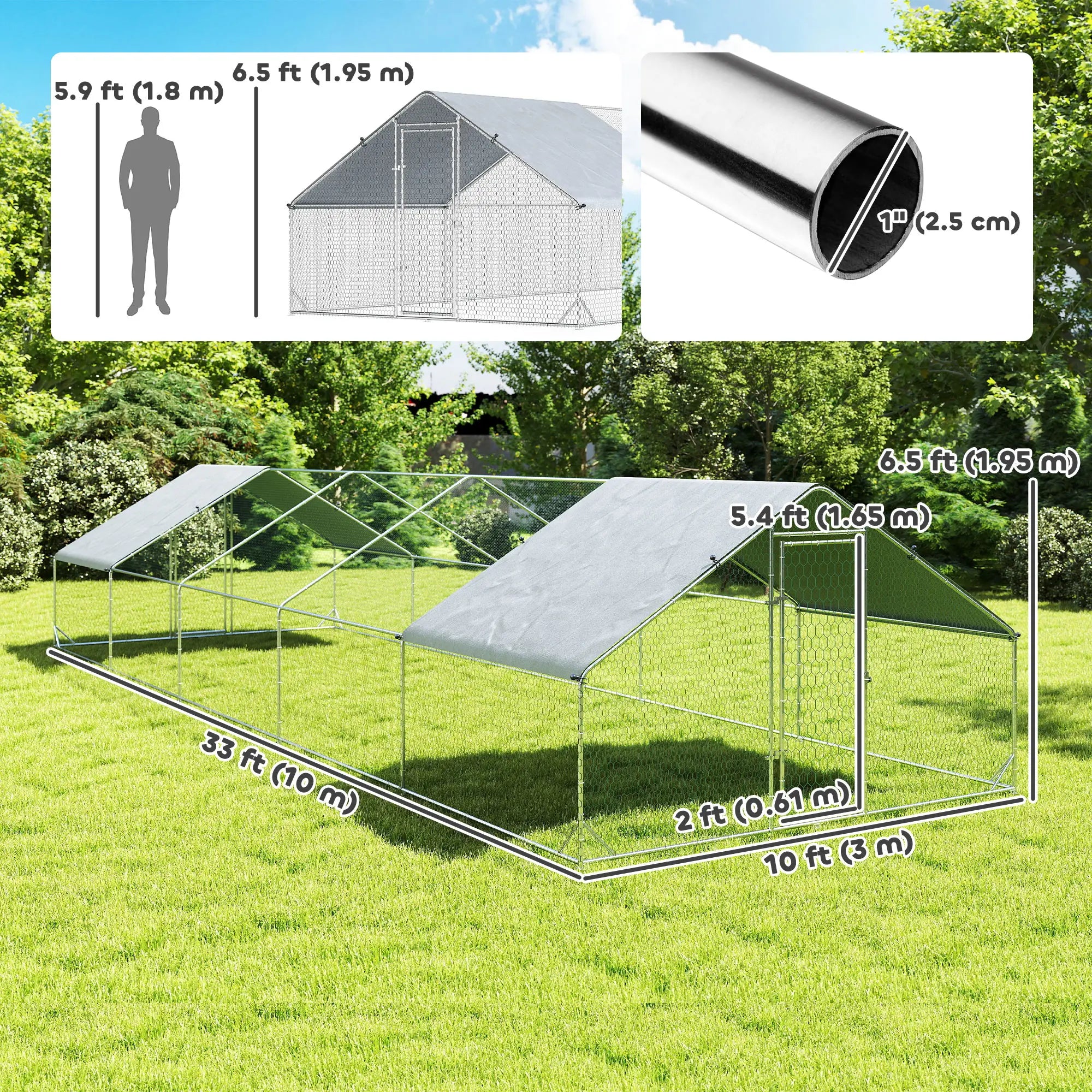 Metal Chicken Coop with Water- and UV-Protection Cover for Backyard Hen, Duck, Rabbit, 32.8' x 9.8' x 6.4' Chicken Coops at Gallery Canada