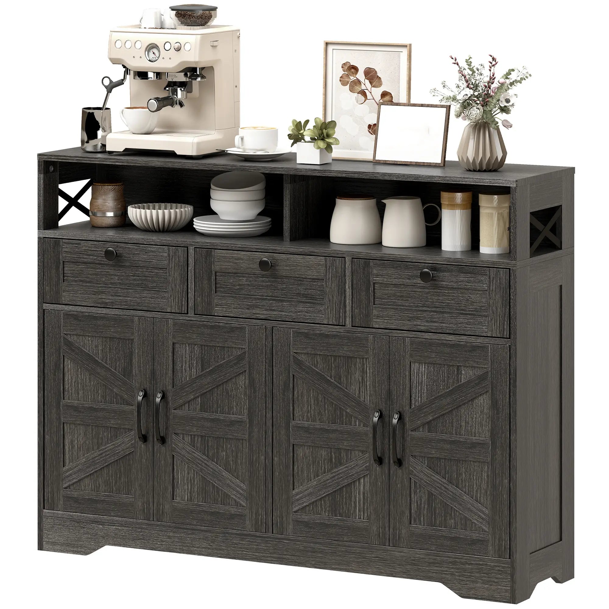 Sideboard Buffet Cabinet, 4 Barn Doors 3 Drawers, Coffee Bar, Adjustable Shelves, Dark Brown Bar Cabinets Dark Brown at Gallery Canada