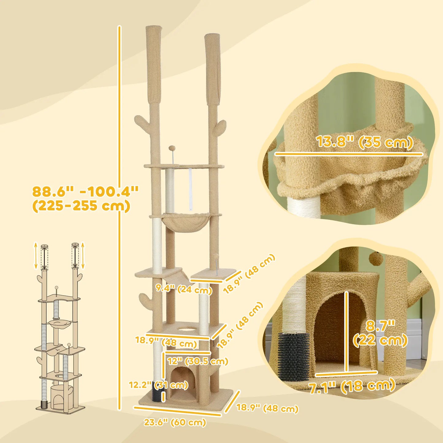 89"-100" Cat Tree Tower for Large Cats, Scratching Posts, Grooming Brush, Brown Floor to Ceiling Cat Trees at Gallery Canada