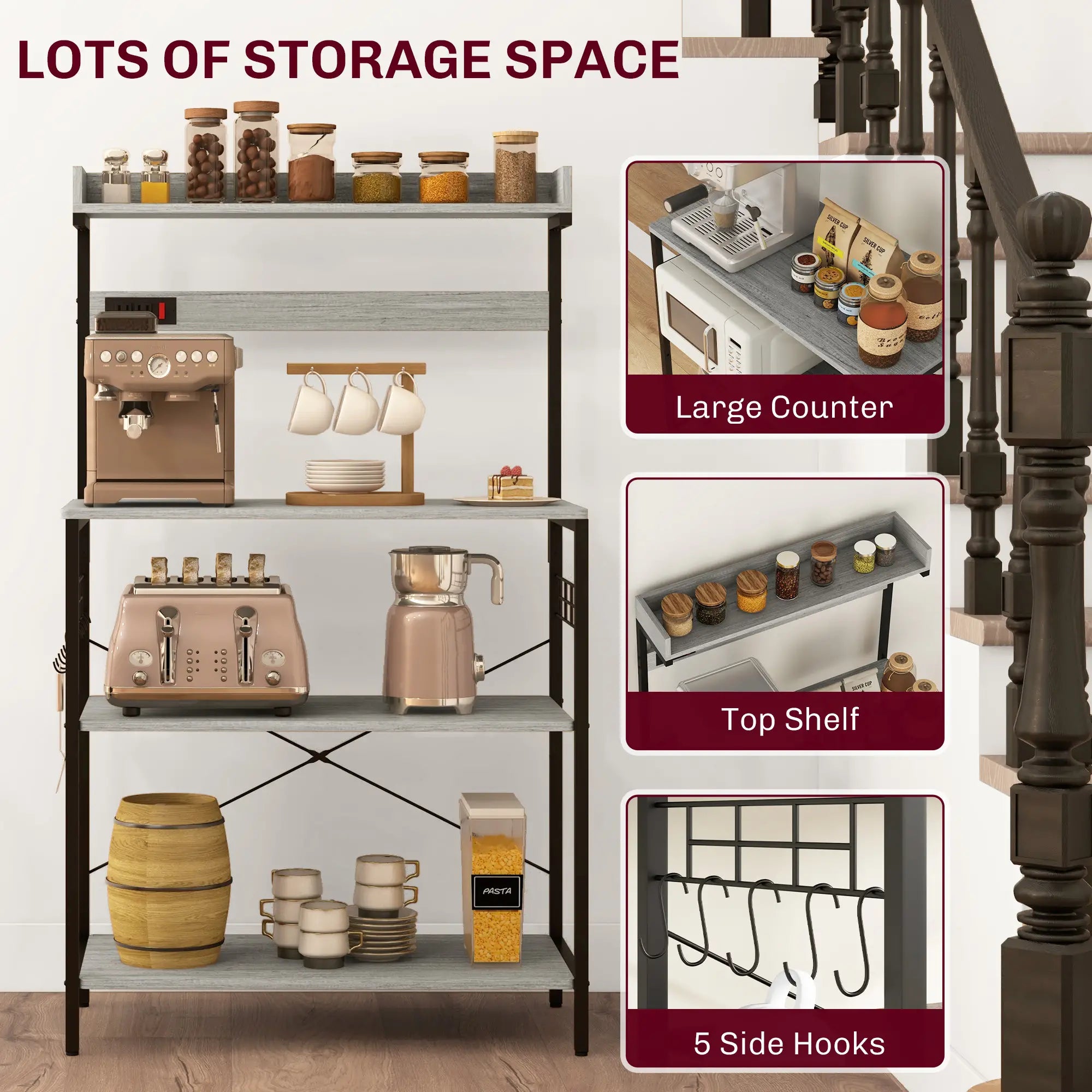 Kitchen Baker's Rack with Power Outlet, Coffee Bar Station with Adjustable Shelves and Hooks, Distressed Grey Bar Cabinets at Gallery Canada