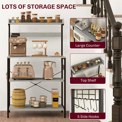 Kitchen Baker's Rack with Power Outlet, Coffee Bar Station with Adjustable Shelves and Hooks, Distressed Grey Bar Cabinets at Gallery Canada