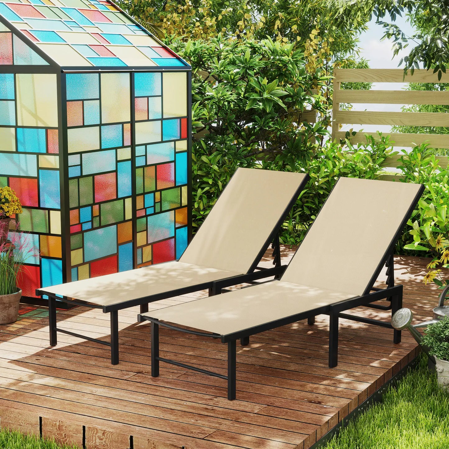 Outdoor Lounge Chair Set, 5-Position Reclining Chaise With Mesh Seat, Khaki Lounger Chairs at Gallery Canada