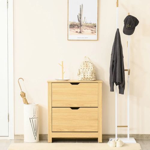 Shoe Storage Cabinet, 2 Flip Drawers, Adjustable Shelves, 12 Pairs, Natural Wood