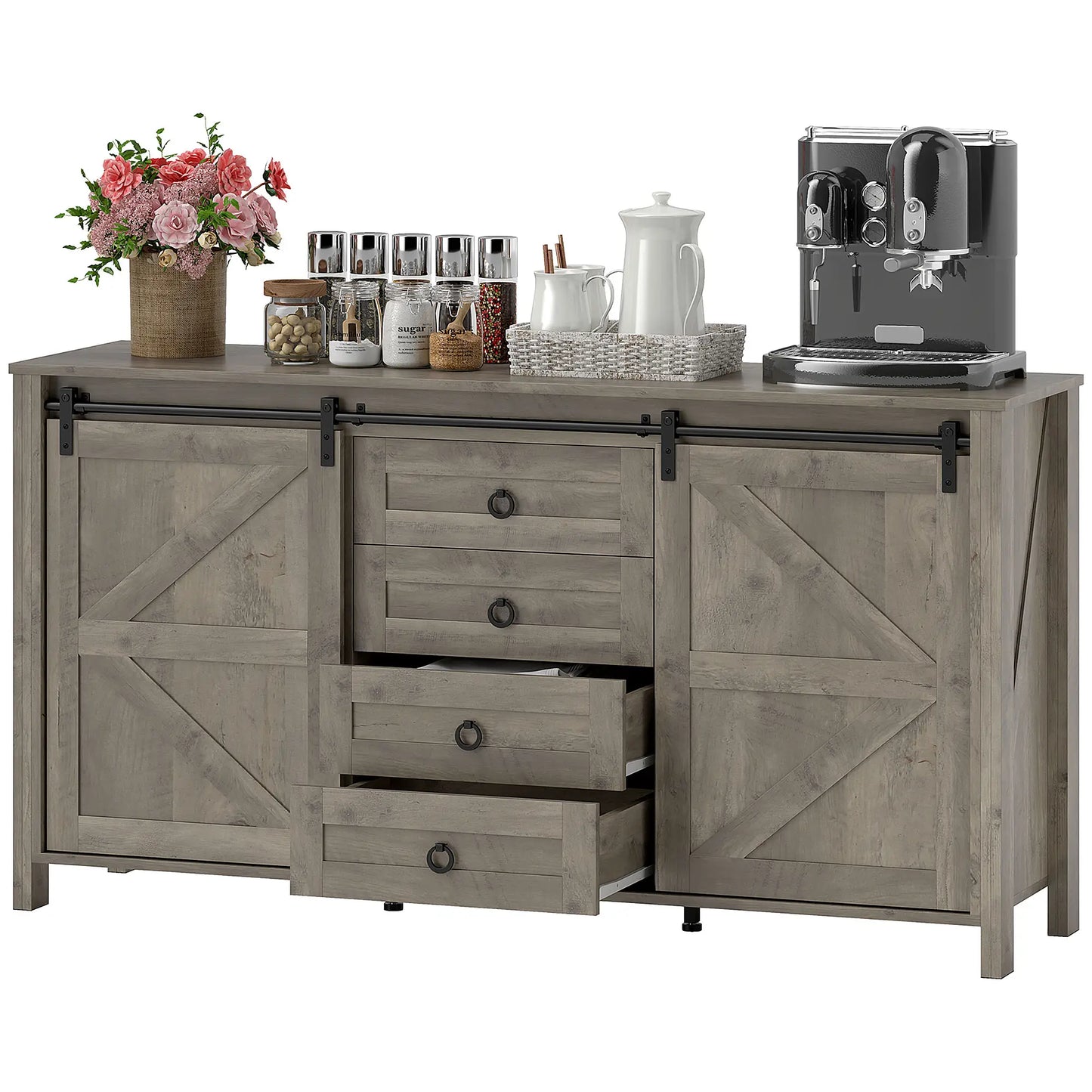 60" Buffet Cabinet, Farmhouse Sideboard, Sliding Barn Doors, Light Grey Bar Cabinets Distressed Light Grey at Gallery Canada