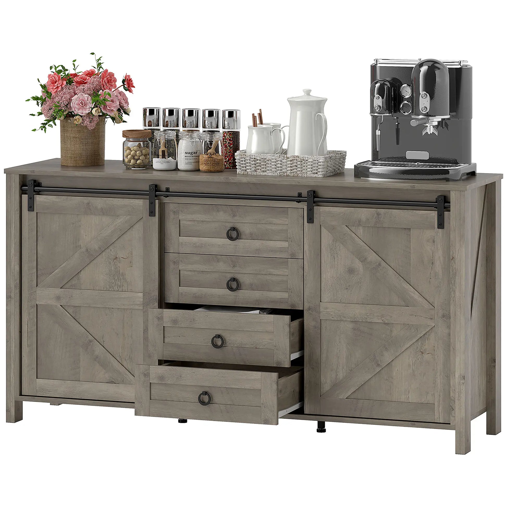 60" Buffet Cabinet, Farmhouse Sideboard, Sliding Barn Doors, Light Grey Bar Cabinets Distressed Light Grey at Gallery Canada