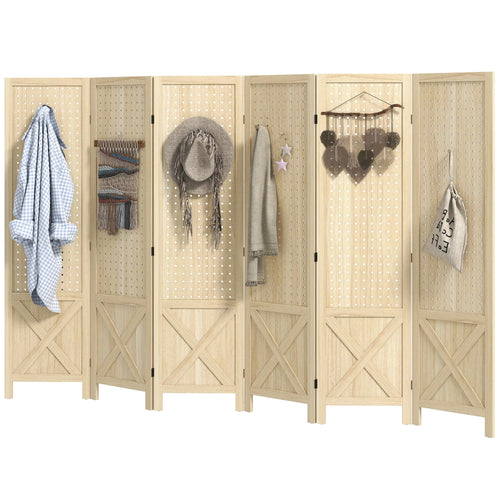 Wooden Room Divider, 6 Panel Folding Privacy Screen, Natural Wood