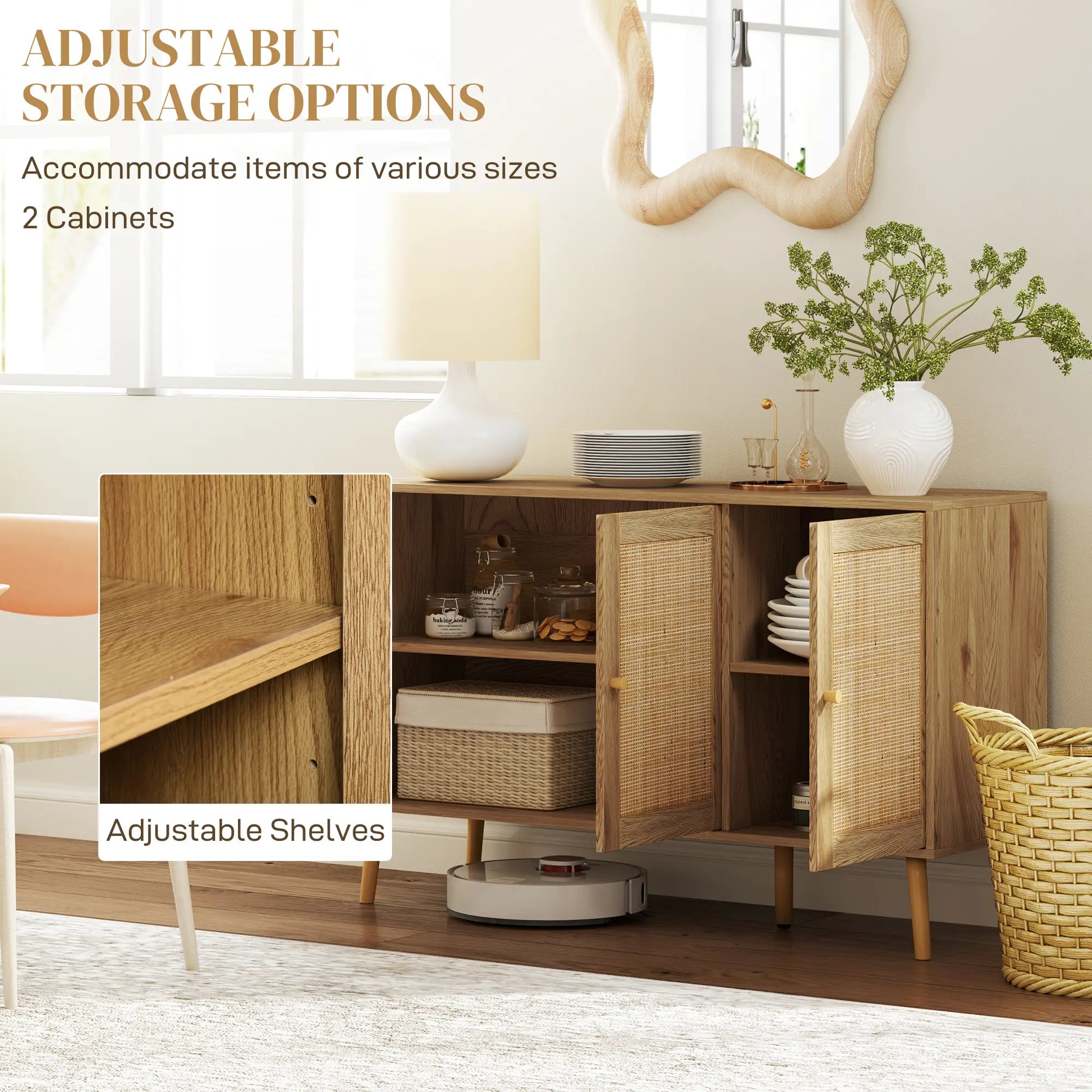 Bohemian Sideboard, Rattan Doors, Adjustable Shelf, Natural Wood Storage Cabinets at Gallery Canada