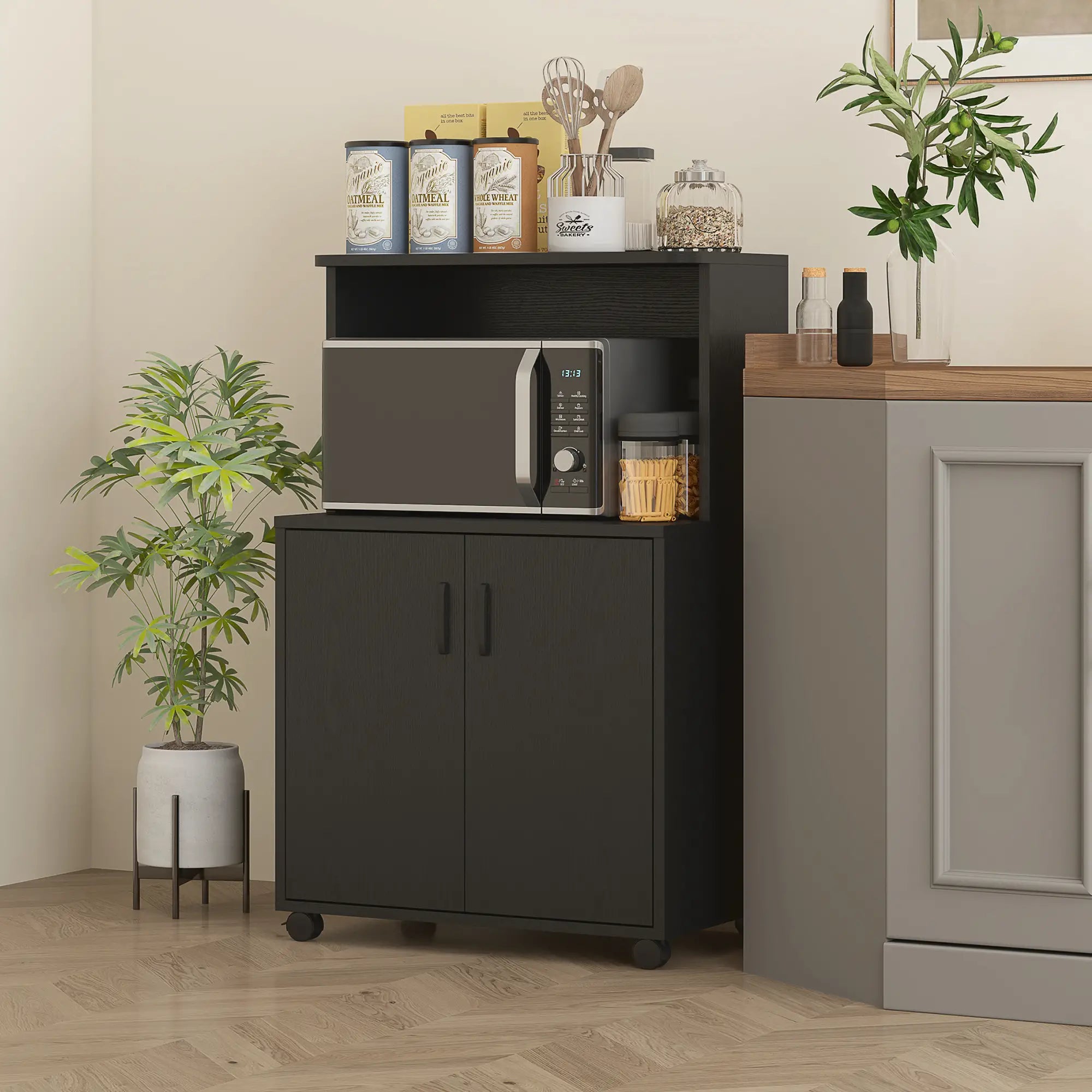 Microwave Cart on Wheels, 2-Door Cabinet, Black Wood Grain, Black Kitchen Pantry Cabinets at Gallery Canada