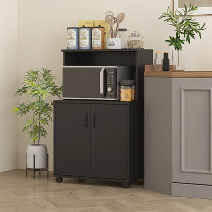 Microwave Cart on Wheels, 2-Door Cabinet, Black Wood Grain, Black Kitchen Pantry Cabinets at Gallery Canada