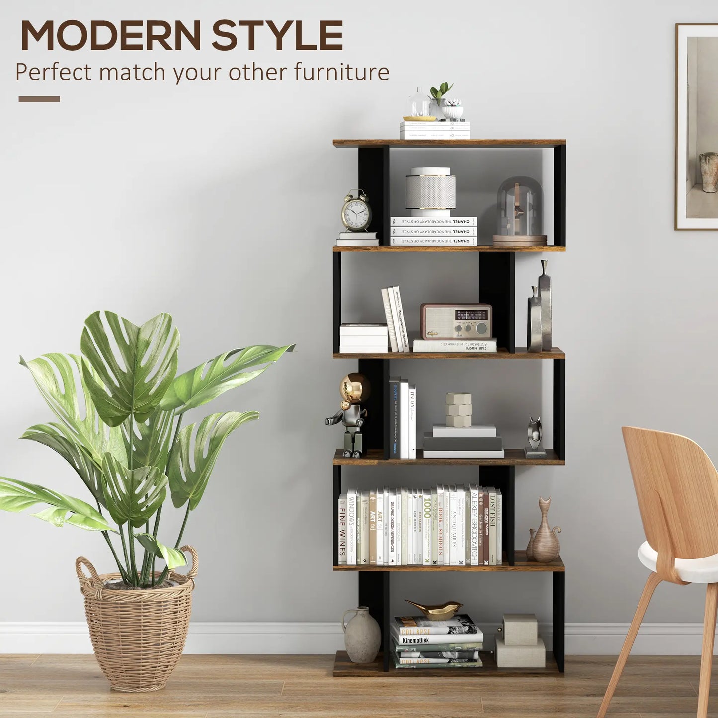 5 Tier Geometric S Shaped Bookcase, Tall Narrow Display Shelf, Rustic Brown Display Bookshelves at Gallery Canada