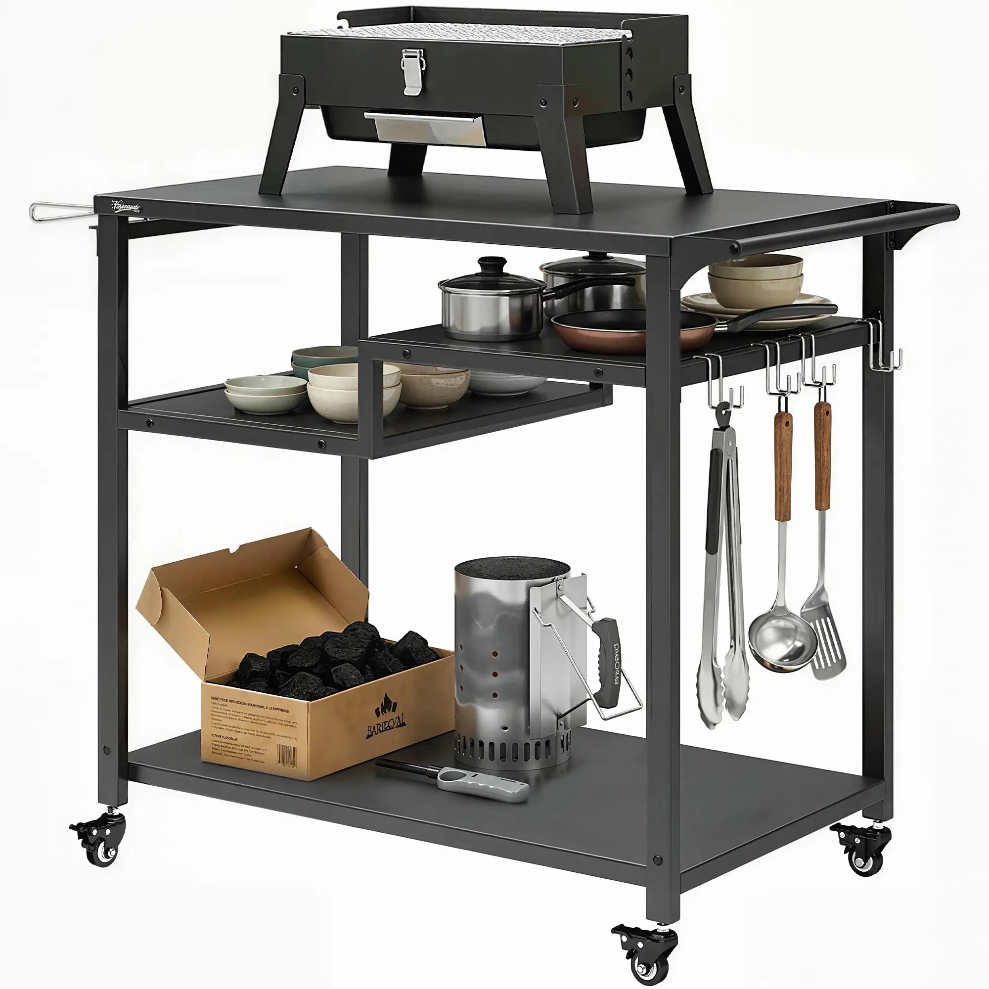 Outdoor Grill Cart, Three-Shelf Pizza Oven Stand With Hooks, Wheels, Black Outdoor Grill Carts Black at Gallery Canada