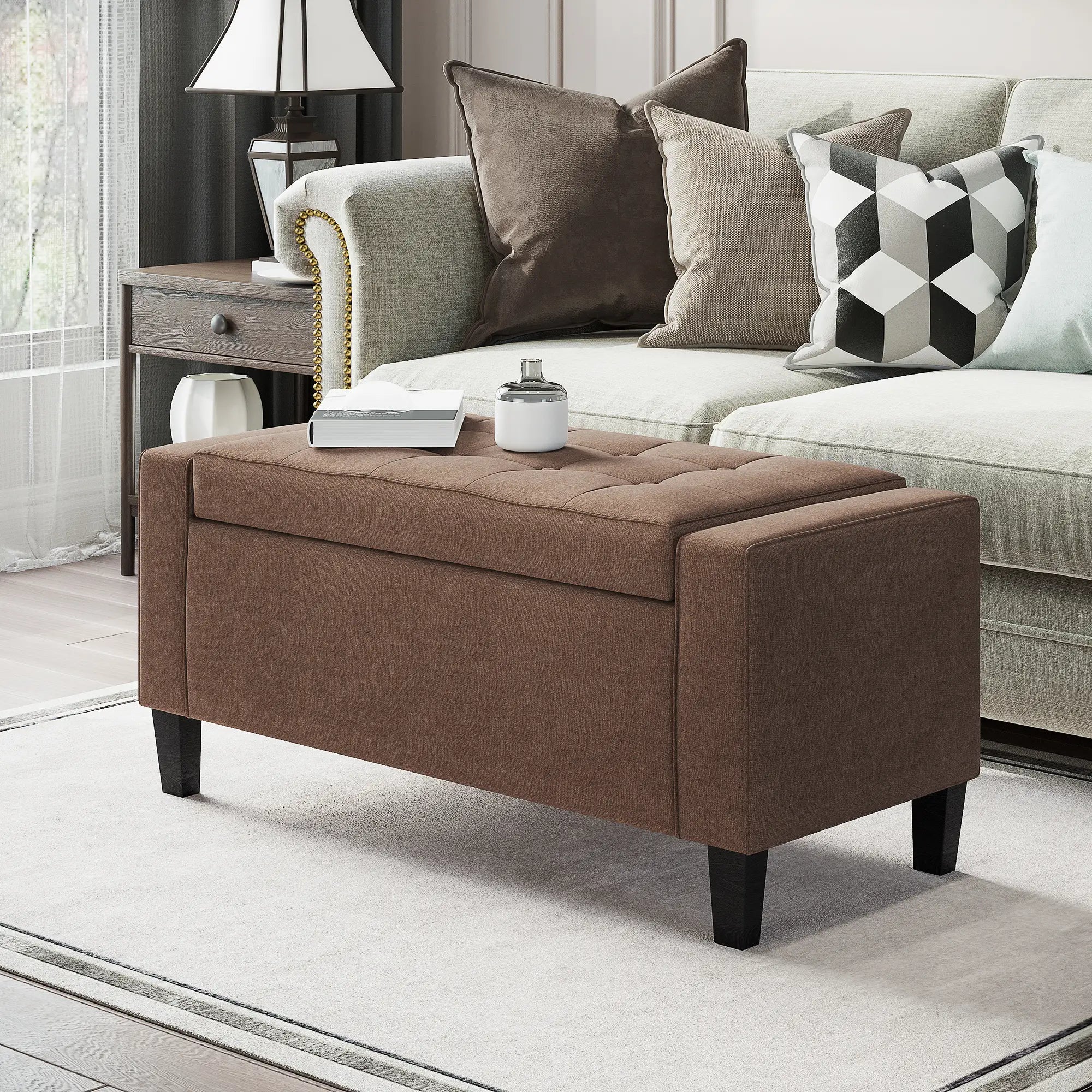 Storage Ottoman Bench, Linen Upholstered, Tufted, Brown Storage Ottomans & Benches at Gallery Canada