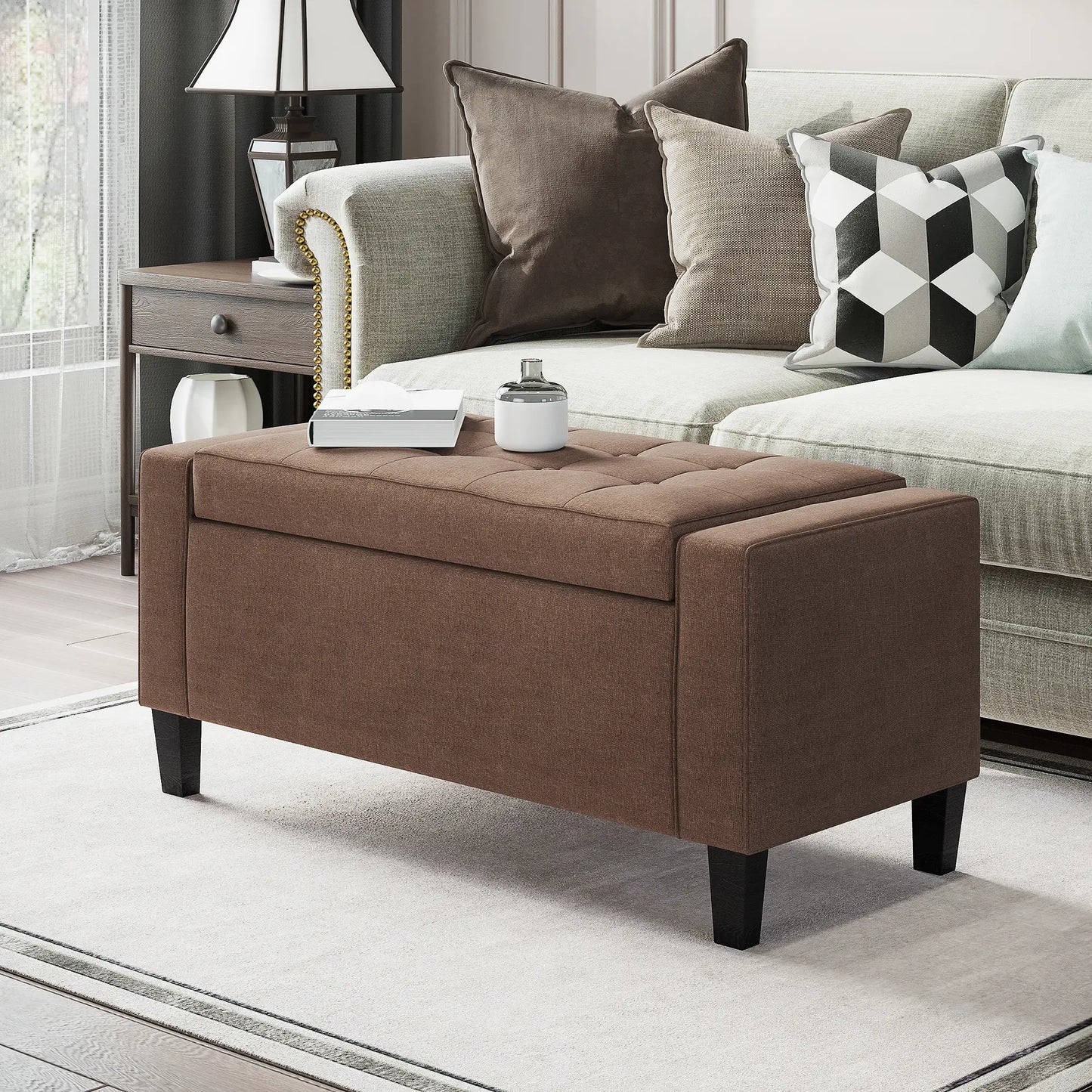 Storage Ottoman Bench, Linen Upholstered, Tufted, Brown Storage Ottomans & Benches at Gallery Canada