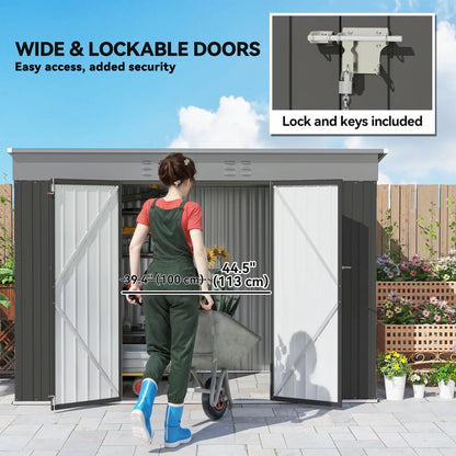9' x 4' Galvanized Steel Garden Storage Shed, Lockable Doors, 2 Air Vents