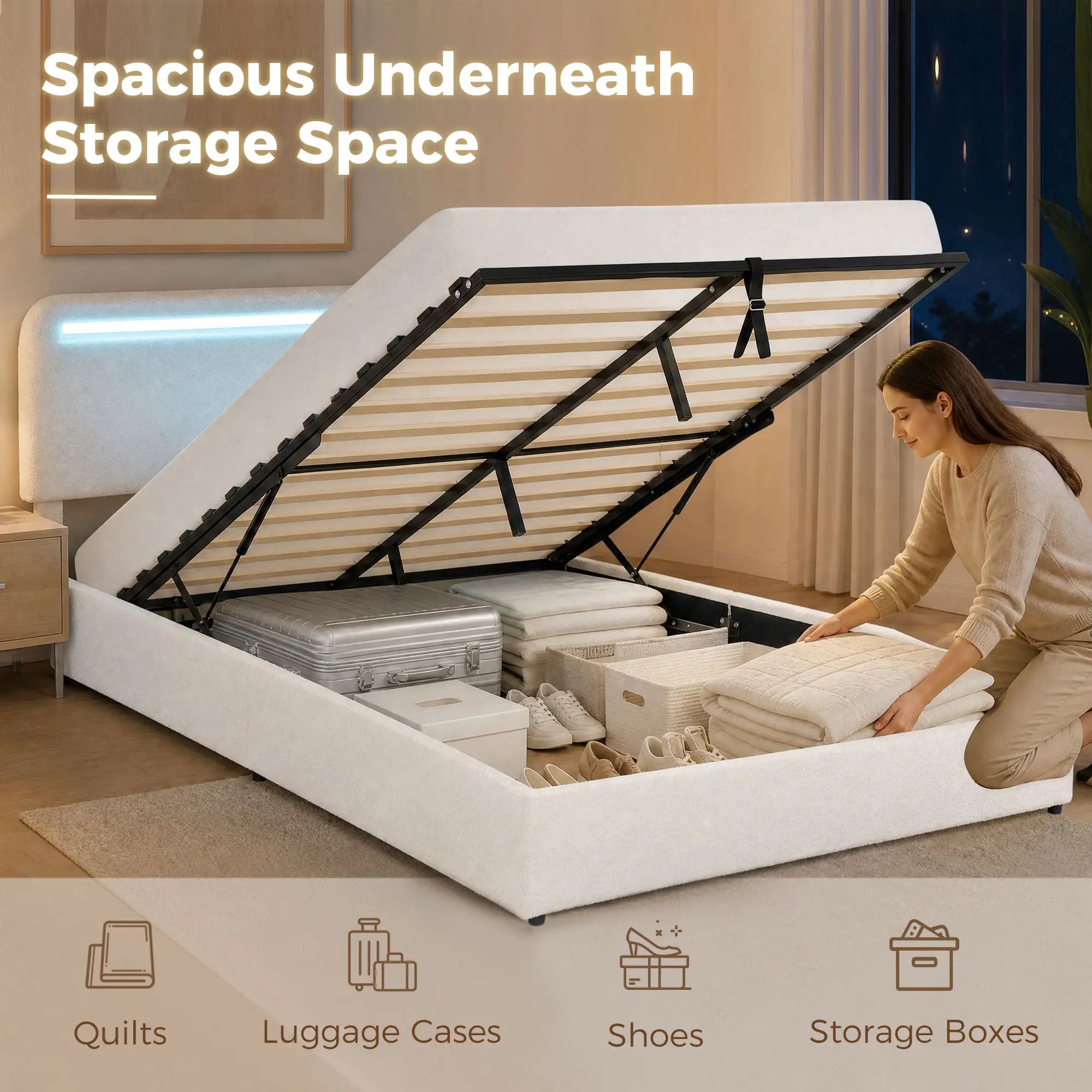 Queen Bed Frame with Charging Station, LED Lights, Adjustable Headboard, White Bed Frames at Gallery Canada