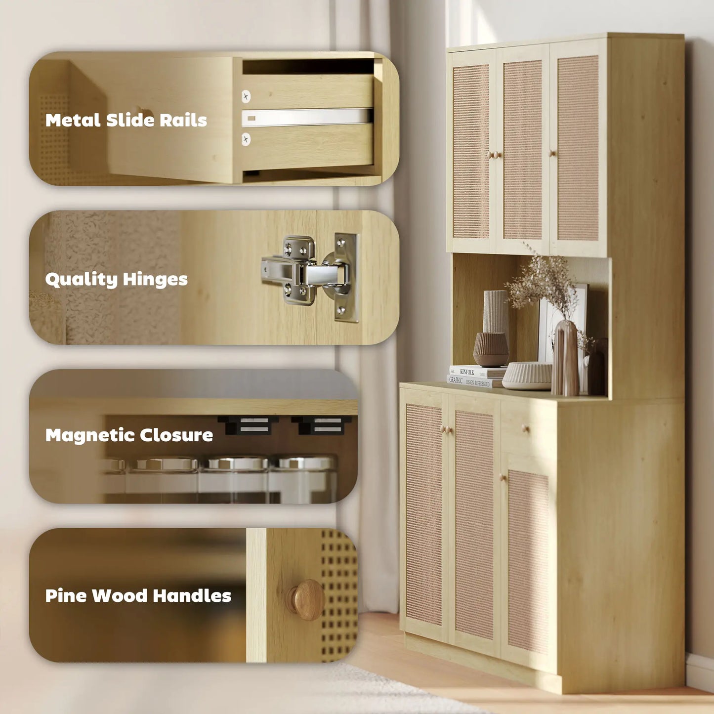 71" Kitchen Hutch with Microwave Countertop, Boho Pantry Cabinet, Rattan Doors, Natural Kitchen Pantry Cabinets at Gallery Canada