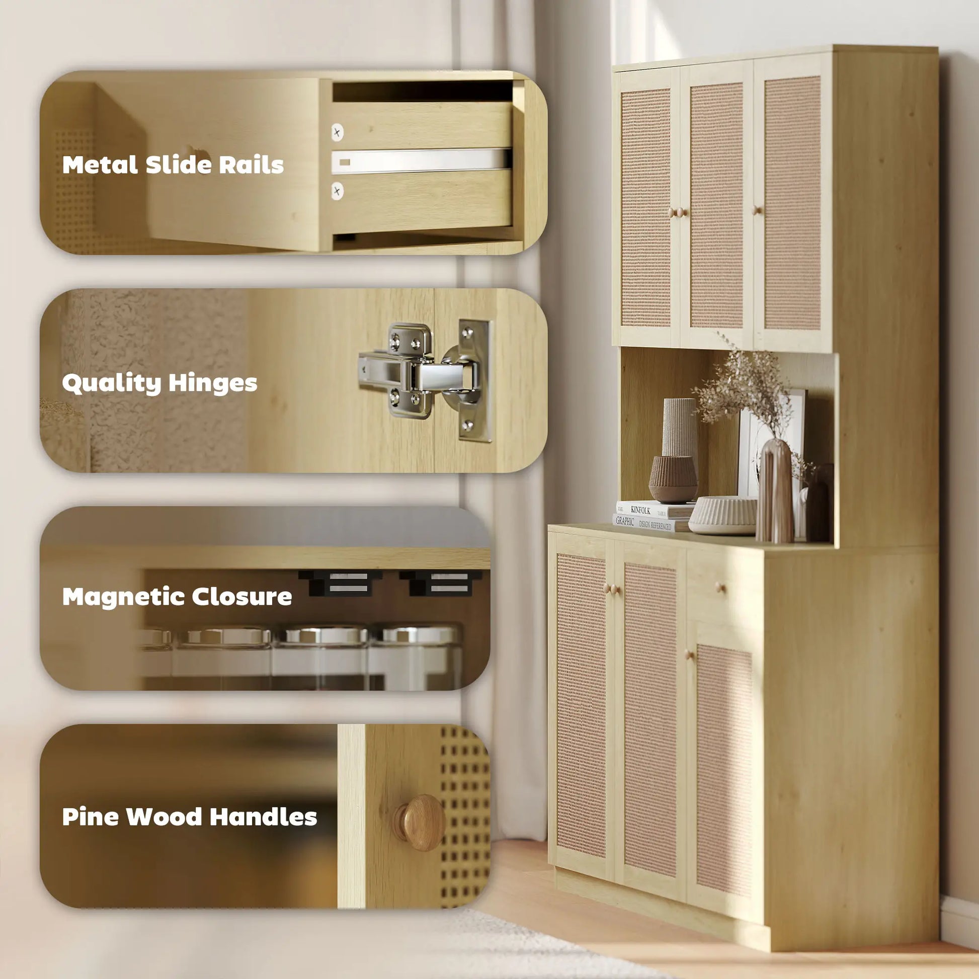 71" Kitchen Hutch with Microwave Countertop, Boho Pantry Cabinet, Rattan Doors, Natural Kitchen Pantry Cabinets at Gallery Canada