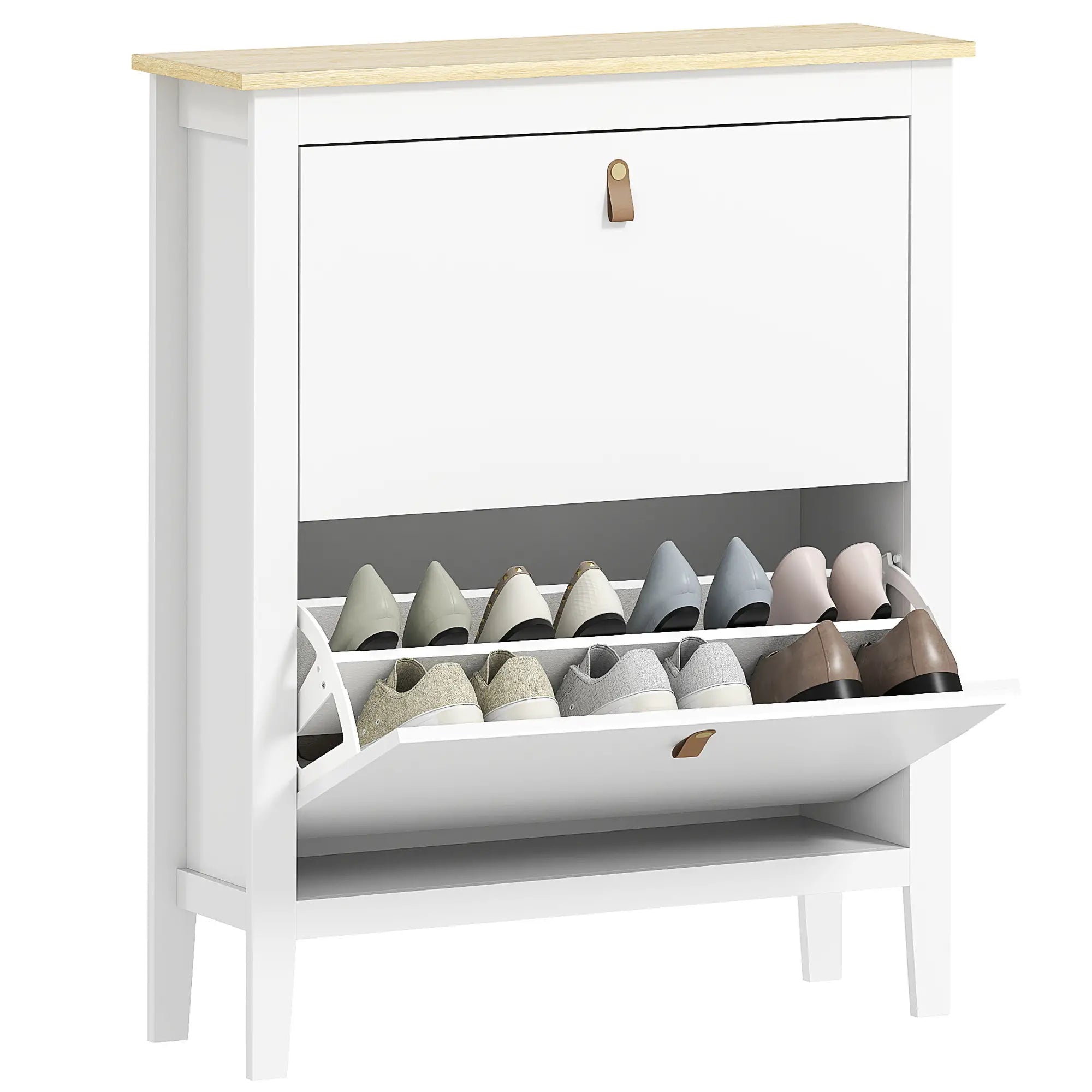 Narrow Shoe Cabinet, 2 Flip Drawers, Adjustable Shelves, Holds 10-14 Pairs, White Shoe Storage Cabinets & Racks at Gallery Canada