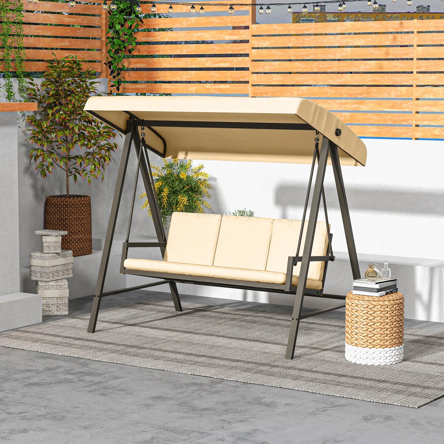 3 Seater Patio Swing Chair, Adjustable Canopy, Removable Cushions, Beige Patio Swings with Stand at Gallery Canada