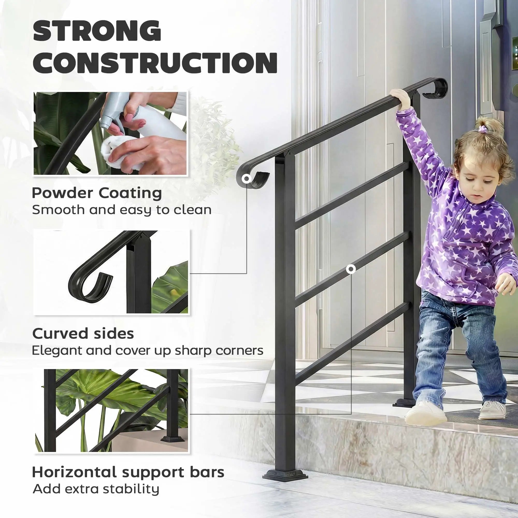 Adjustable Outdoor Stair Railing, 2 to 3 Steps, Black Garden Decor at Gallery Canada