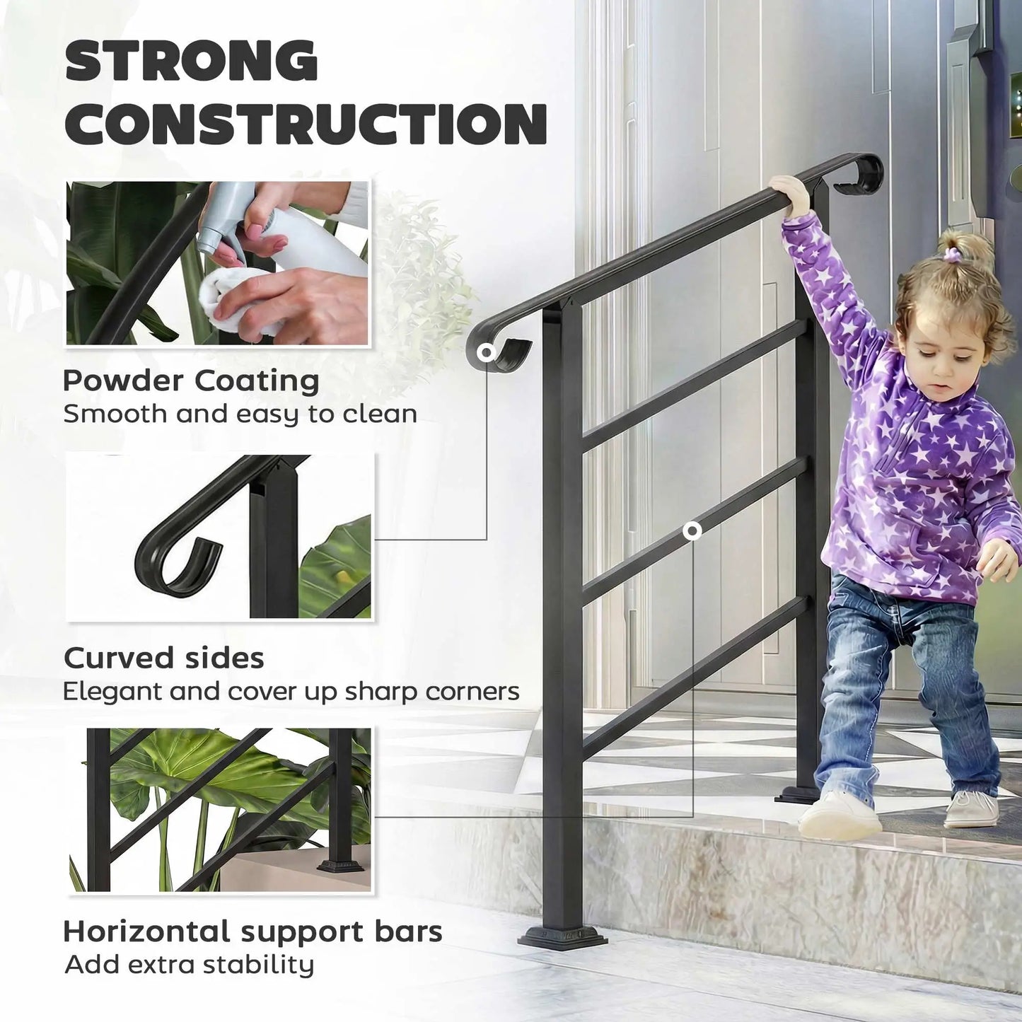 Adjustable Outdoor Stair Railing, 2 to 3 Steps, Black Garden Decor at Gallery Canada