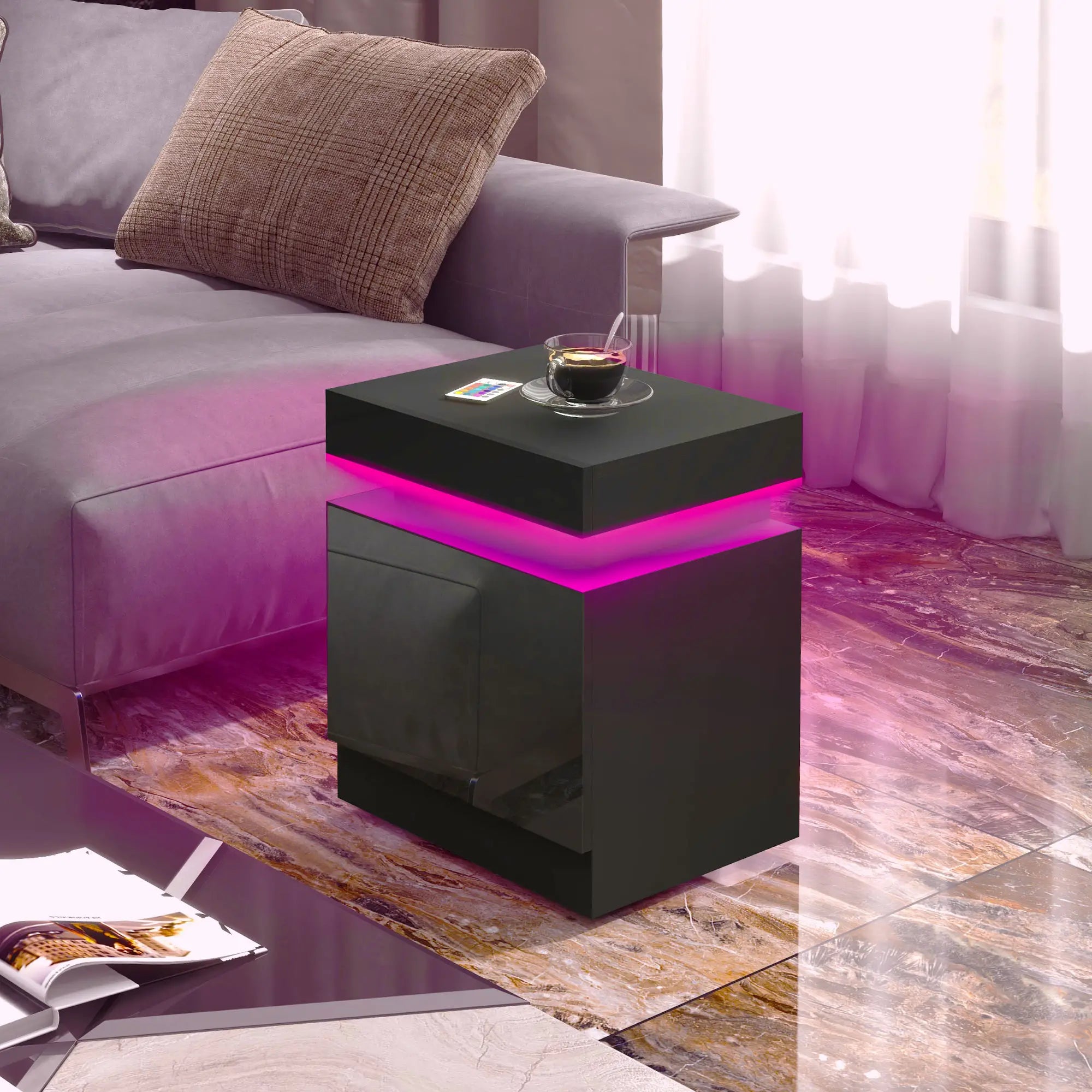 Nightstand, Bedside Table with LED Lights, 2 Drawers, Black Bedside Tables at Gallery Canada