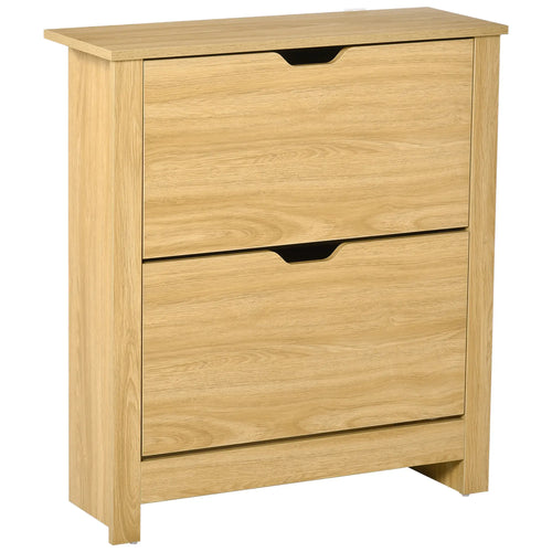Shoe Storage Cabinet, 2 Flip Drawers, Adjustable Shelves, 12 Pairs, Natural Wood