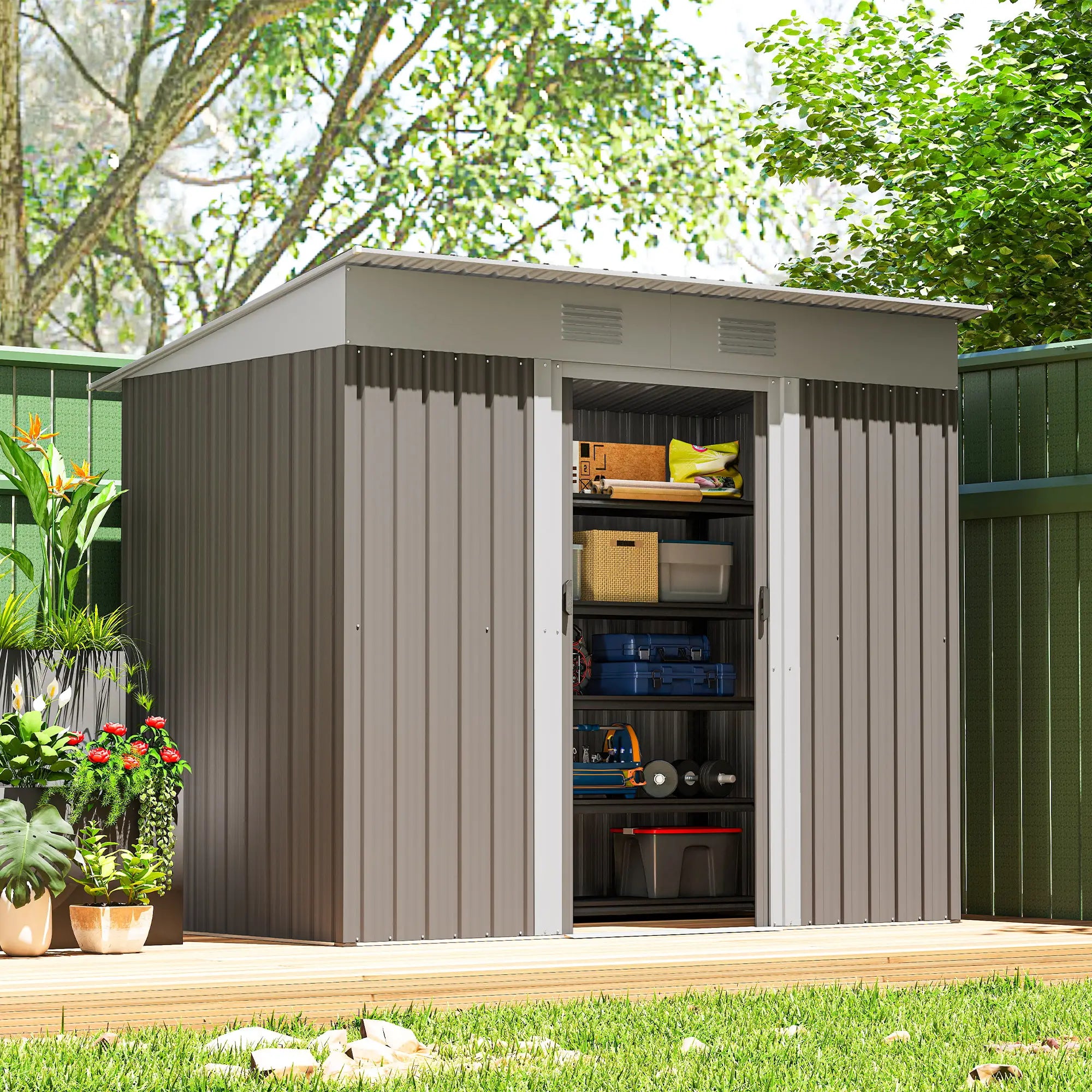 7' x 3.6' Outdoor Storage Shed, Metal Garden Tool Organizer, Light Grey Sheds at Gallery Canada