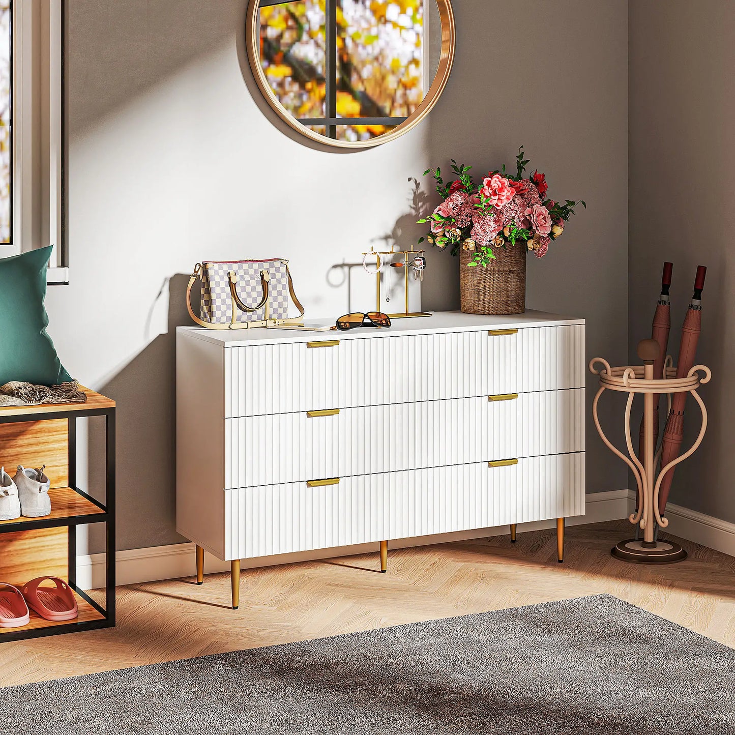 Modern 6 Drawer Dresser, Gold Legs and Handles, White Storage Cabinets at Gallery Canada
