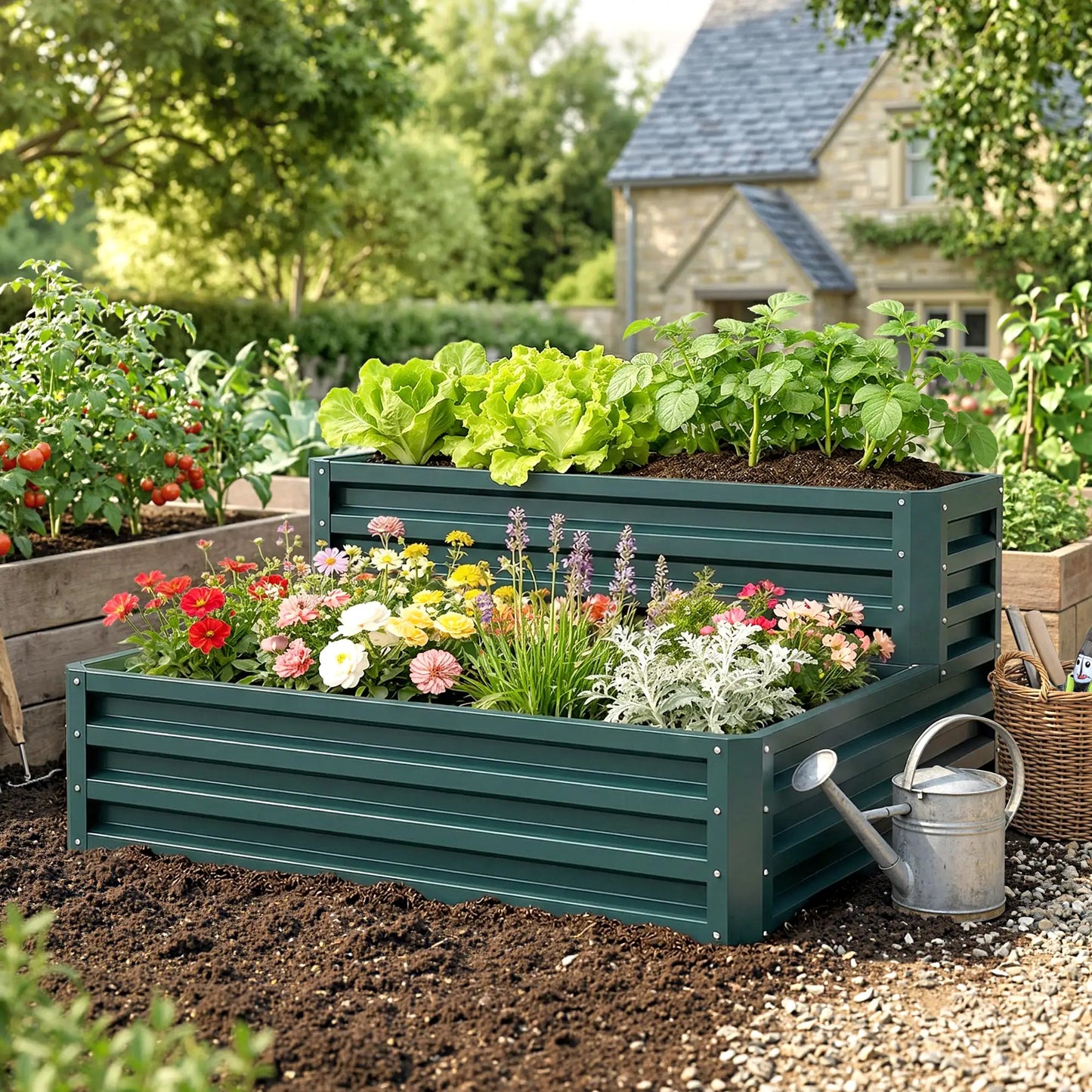 2 Tier Galvanized Raised Garden Bed, Steel Planter Box, 47" x 40" x 23", Green Raised Garden Beds at Gallery Canada