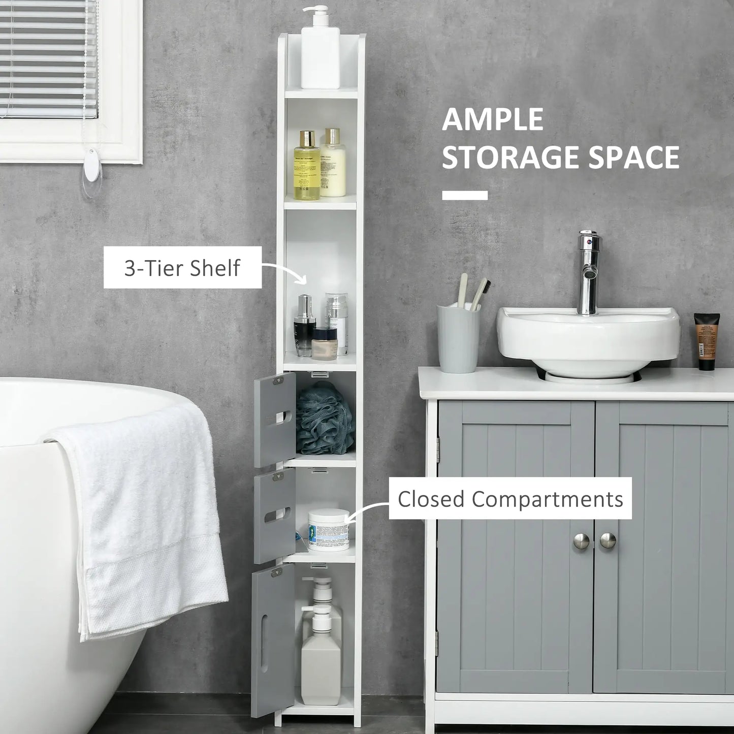 Freestanding Tall Bathroom Cabinet, Narrow Bathroom Storage Cabinet with Shelves and Cupboards, Grey and White