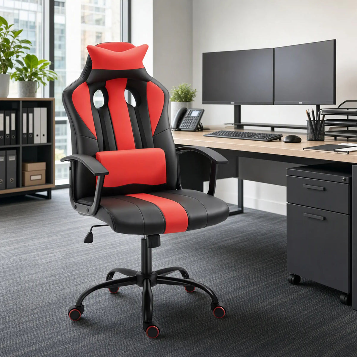 High Back Racing Style Gaming Chair, Adjustable PU Leather, Lumbar Support, Red Video Game Chairs at Gallery Canada