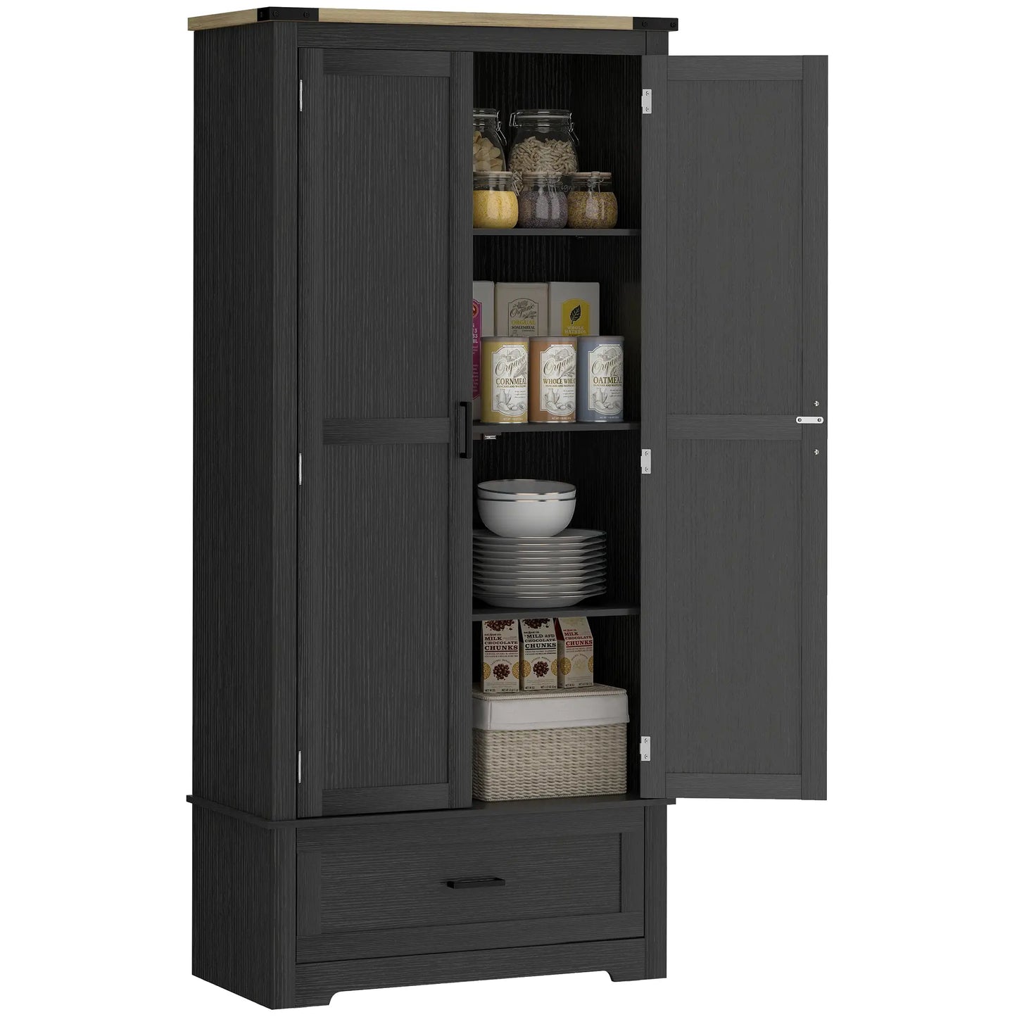 69" Tall Kitchen Pantry Cabinet, 2 Doors, Drawer, Adjustable Shelves, Black Brown Kitchen Pantry Cabinets at Gallery Canada