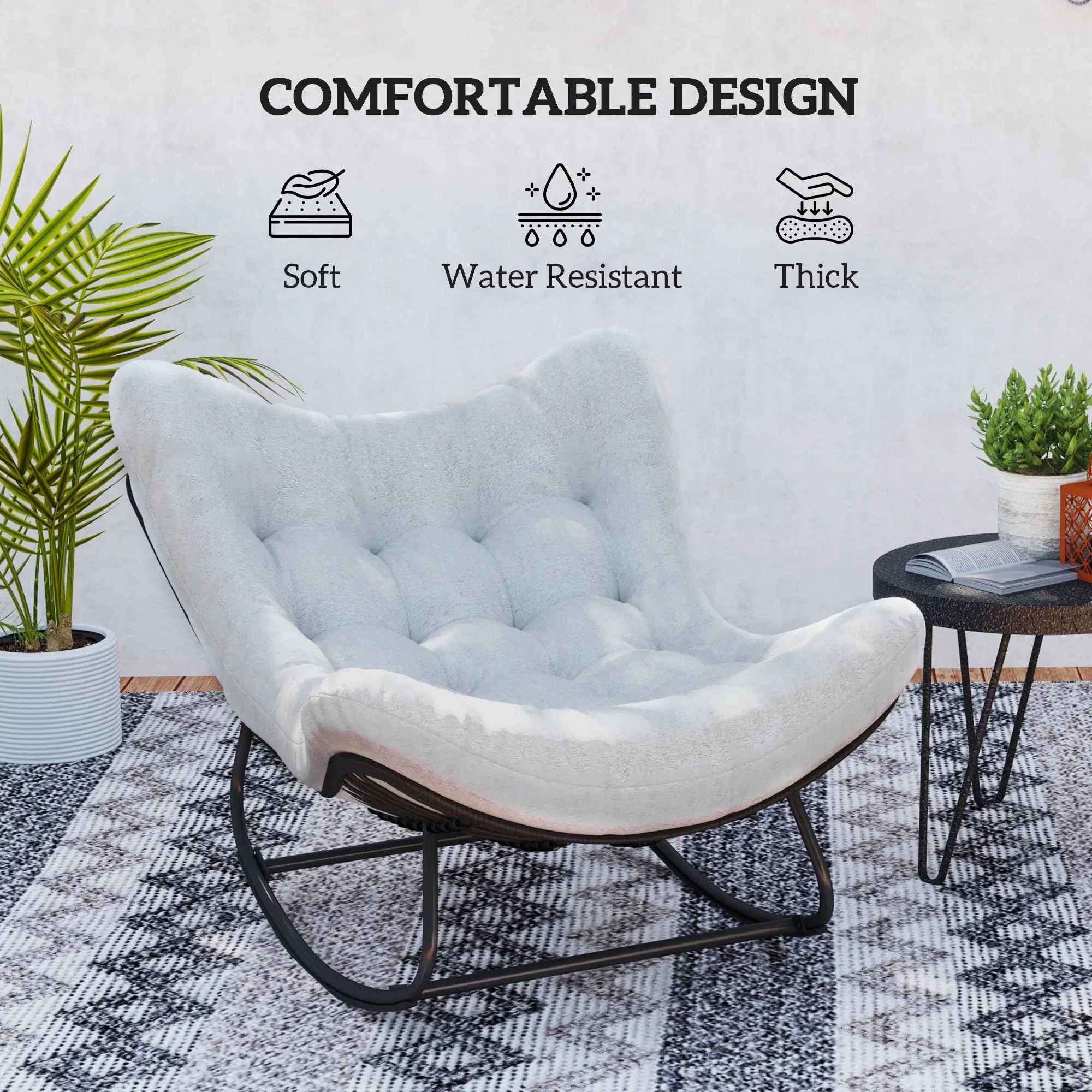 Oversized Rattan Egg Chair, Outdoor Rocking Chair with Cushion, Dark Grey Patio Chairs at Gallery Canada