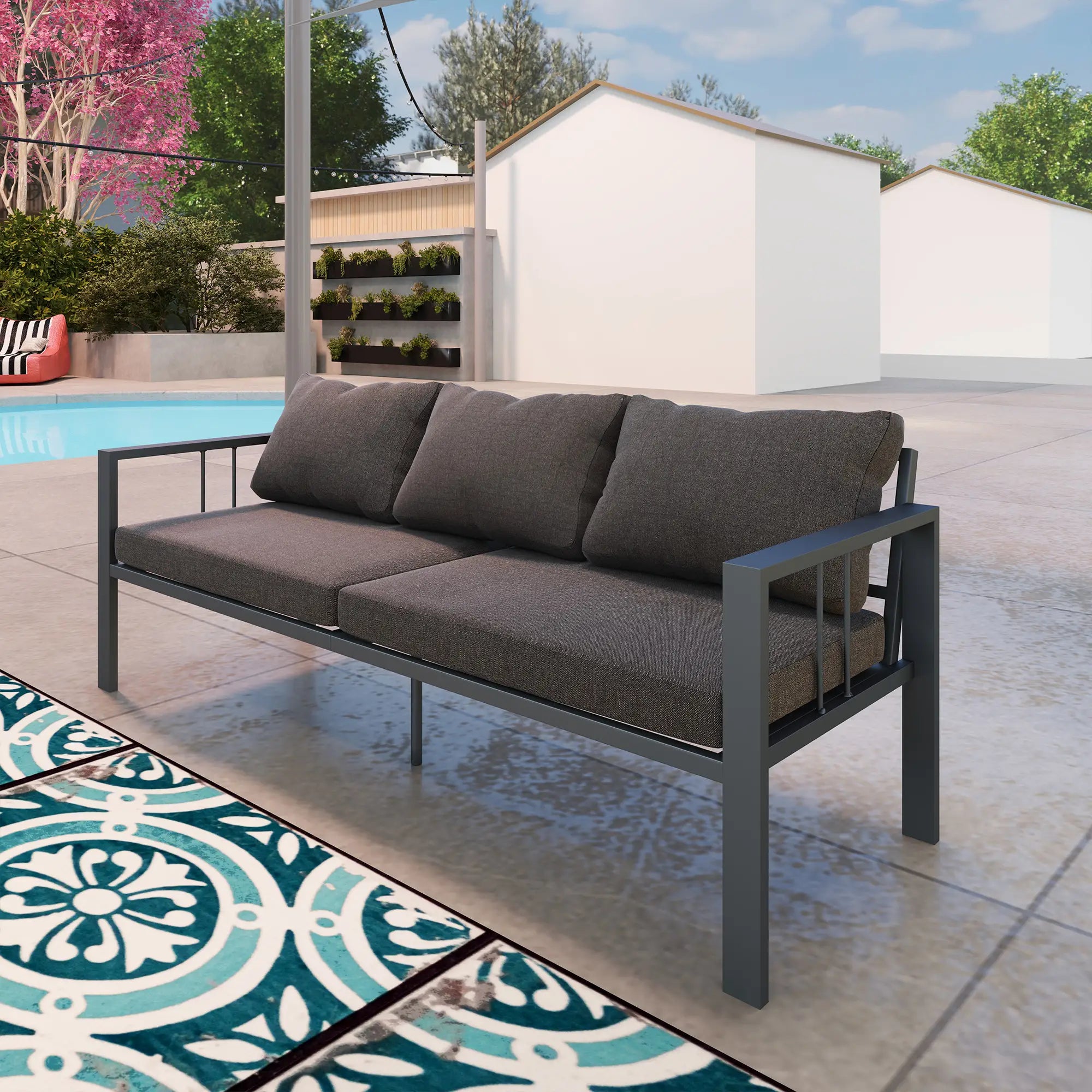 3-Seat Aluminum Outdoor Couch with Cushions, Wide Seat, Dark Grey Patio Chairs at Gallery Canada