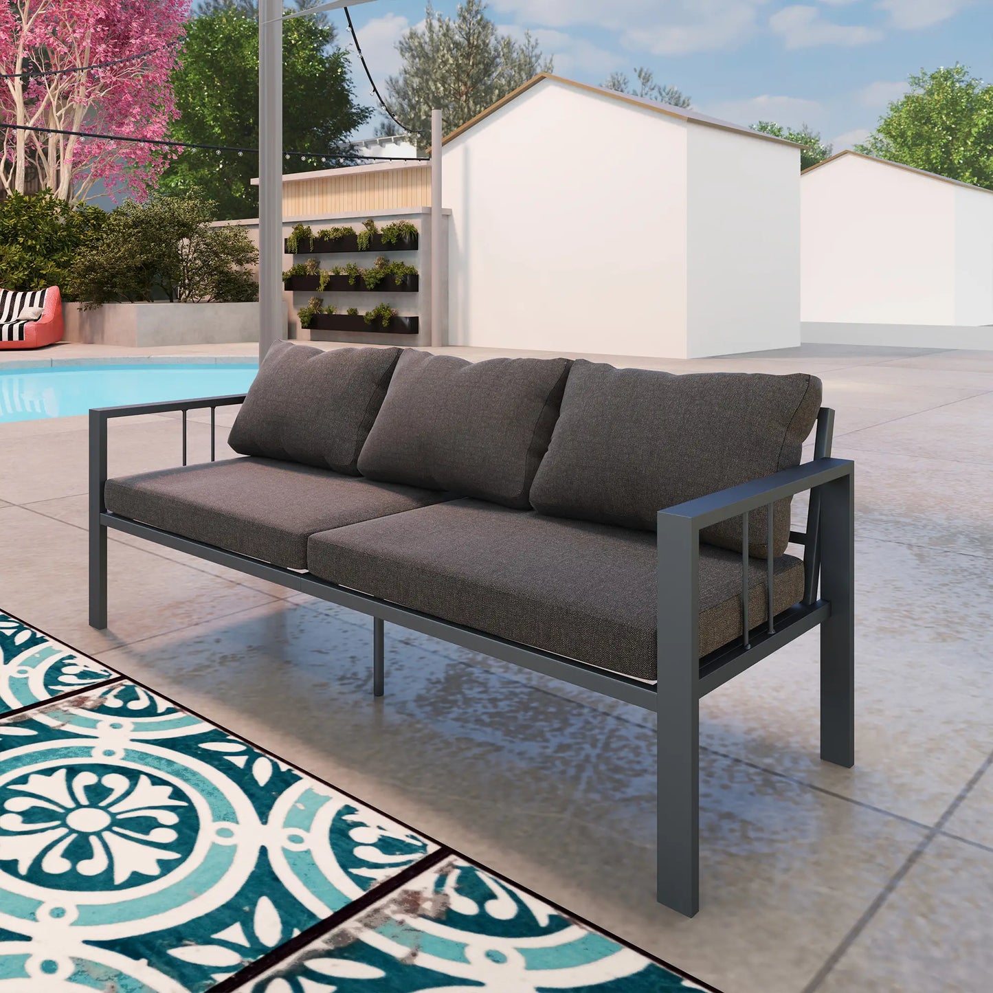 3-Seat Aluminum Outdoor Couch with Cushions, Wide Seat, Dark Grey Patio Chairs at Gallery Canada