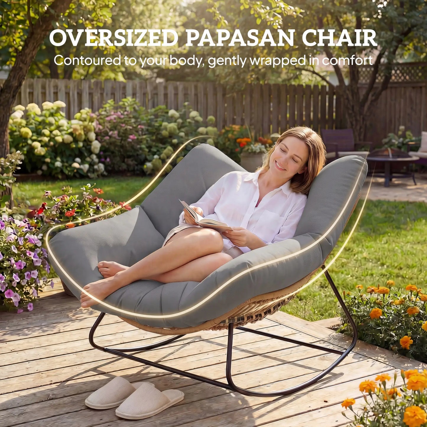 Papasan Rocking Chair, Oversized With Cushion, Grey Outdoor Rocking Chairs at Gallery Canada