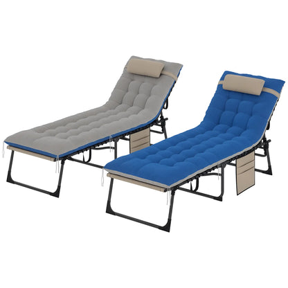 Folding Chaise Lounge Chair Set Of 2, With Cushion And Side Pocket, Brown/Blue Lounger Chairs at Gallery Canada