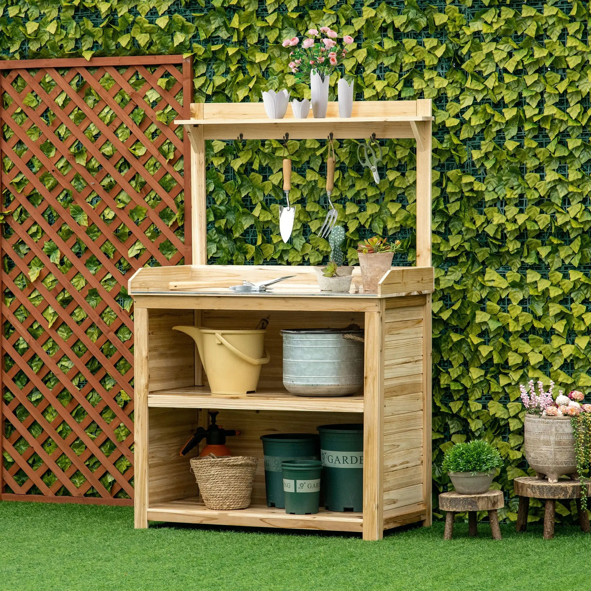 Potting Bench Table, Wooden Garden Workstation with Storage Shelves and Hooks Potting Benches & Tables at Gallery Canada