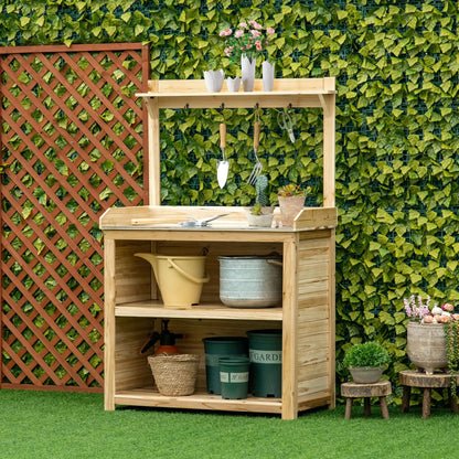 Potting Bench Table, Wooden Garden Workstation with Storage Shelves and Hooks Potting Benches & Tables at Gallery Canada
