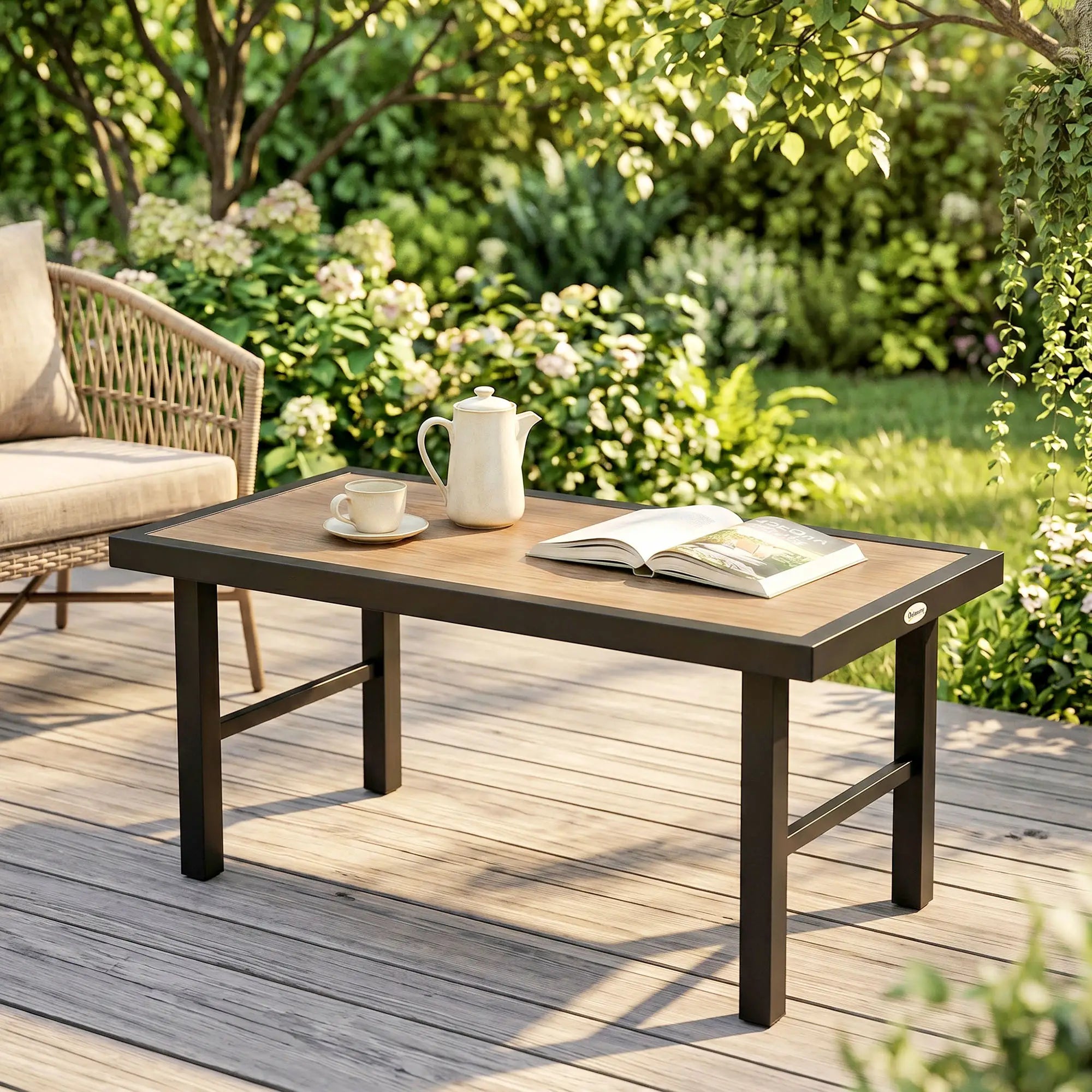Outdoor Side Table, SPC Woodgrain Tabletop, Metal Patio Coffee Table, Brown Patio Side Tables at Gallery Canada