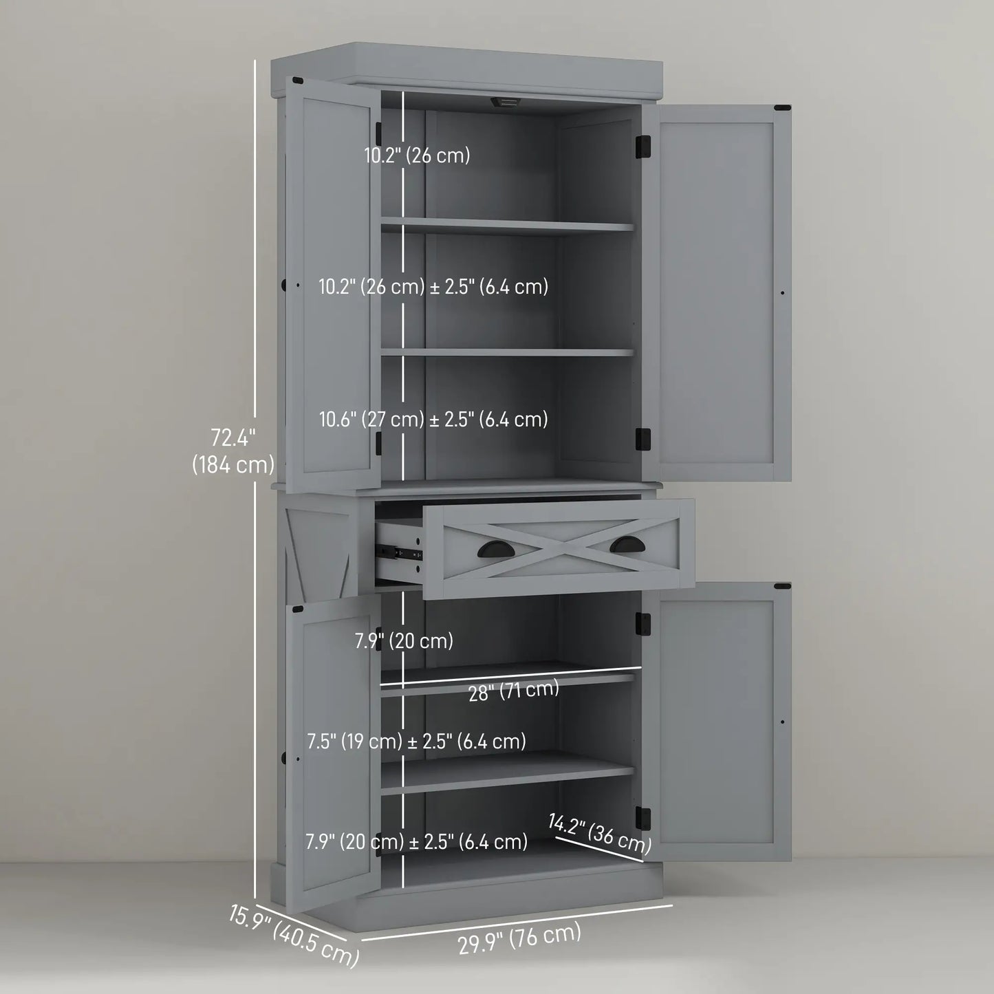 72.5" Kitchen Pantry Cabinet, 4 Doors, Drawer, Adjustable Shelves, Grey Kitchen Pantry Cabinets at Gallery Canada