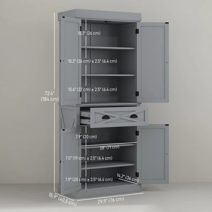 72.5" Kitchen Pantry Cabinet, 4 Doors, Drawer, Adjustable Shelves, Grey Kitchen Pantry Cabinets at Gallery Canada