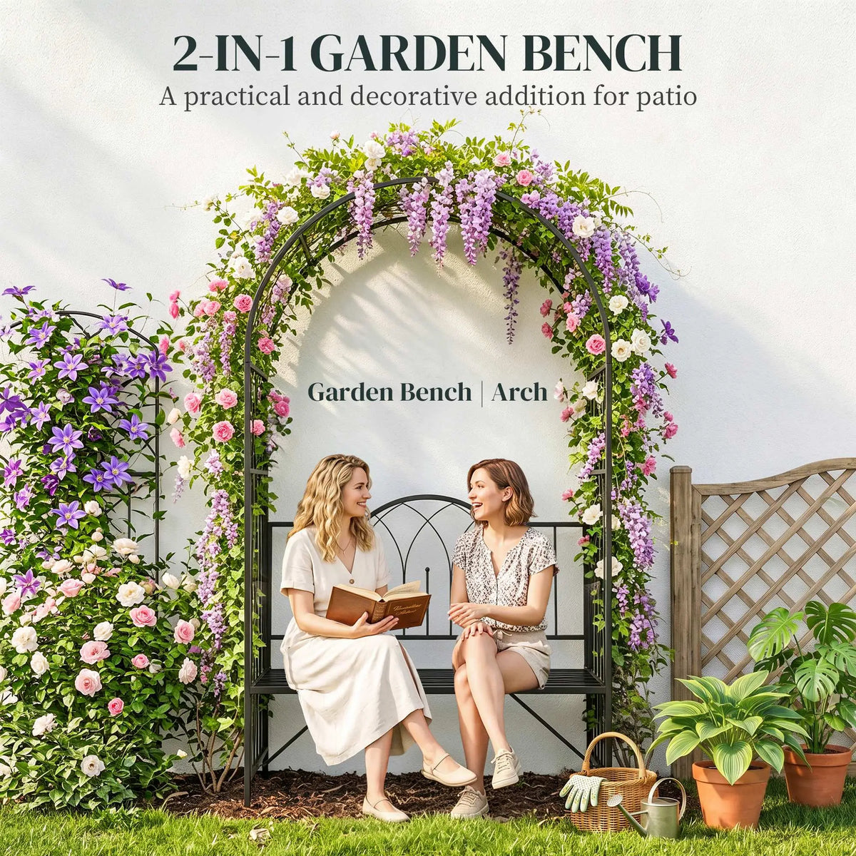 80" Tall Fairy Garden Arbor Arch, Metal Outdoor Bench Trellis, Black