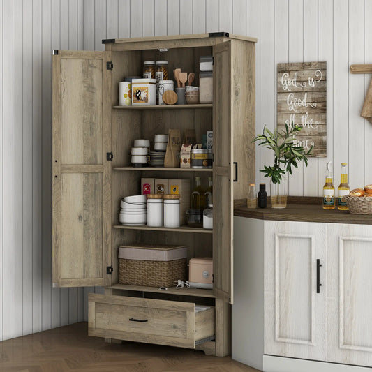 69" Tall Farmhouse Kitchen Pantry, 2 Doors, Drawer, Adjustable Shelves, Grey Kitchen Pantry Cabinets Grey at Gallery Canada